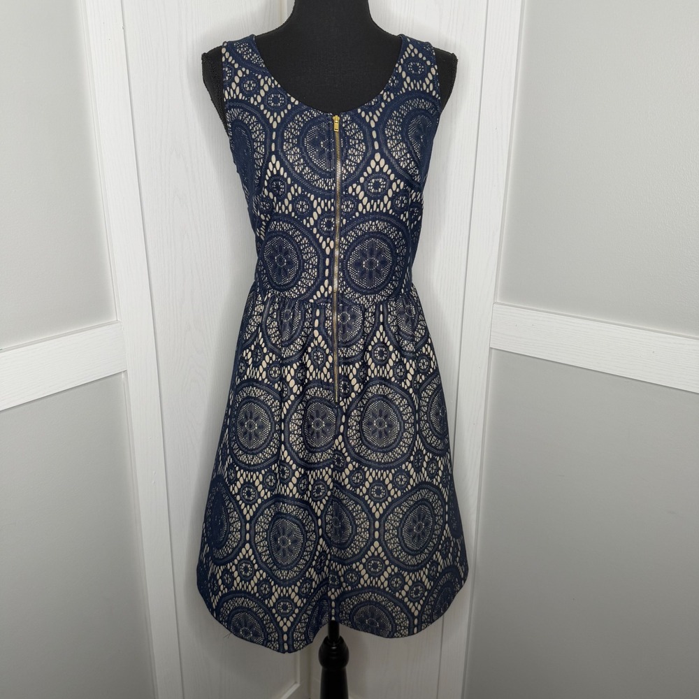 Tacera Lace Dress Womens Medium Navy Blue Crochet Zip Front Fit Flare 6600L